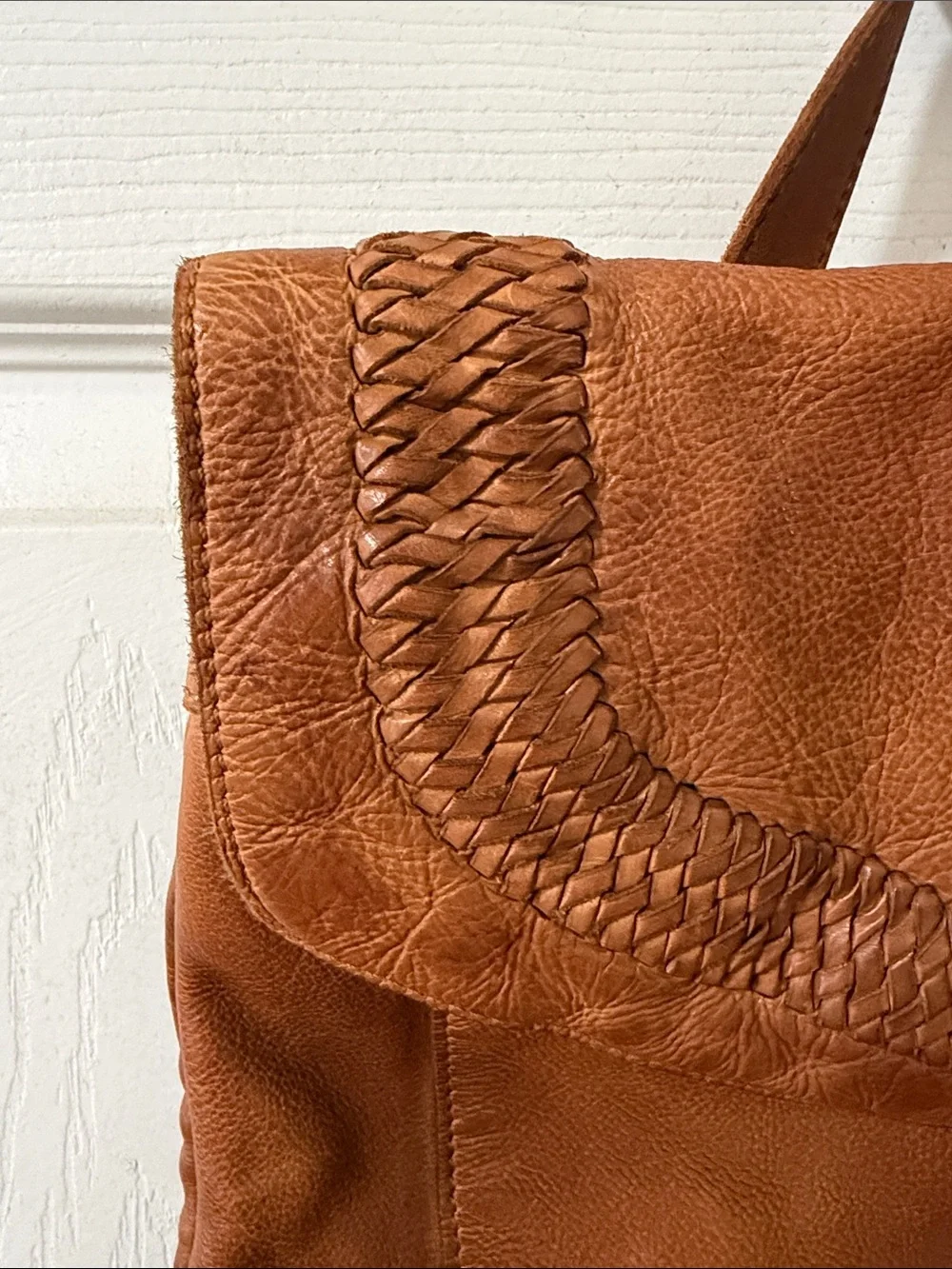 Leather Woven Flap Backpack - Brown